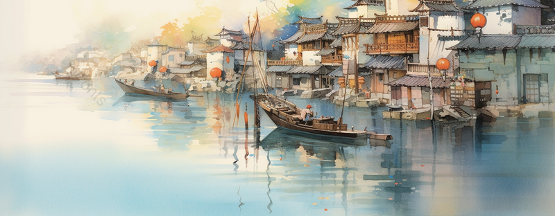 水彩画绿色江南水乡小桥流水房屋,插画/手绘图,插画/手绘图库,插画/手绘图下载,插画/手绘